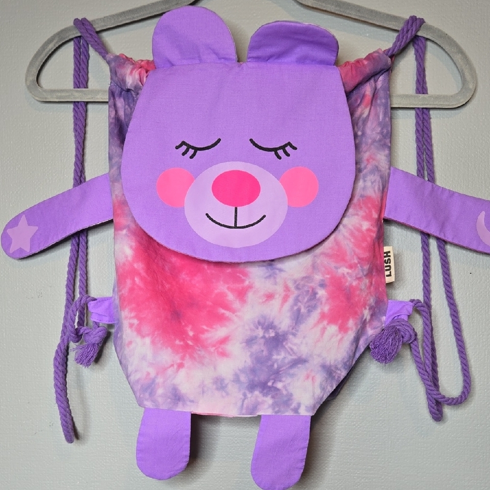 Lush Tie-Dye Sleepy Bear Drawstring Backpack Pink Purple Organic‎ Cotton 11"x13"